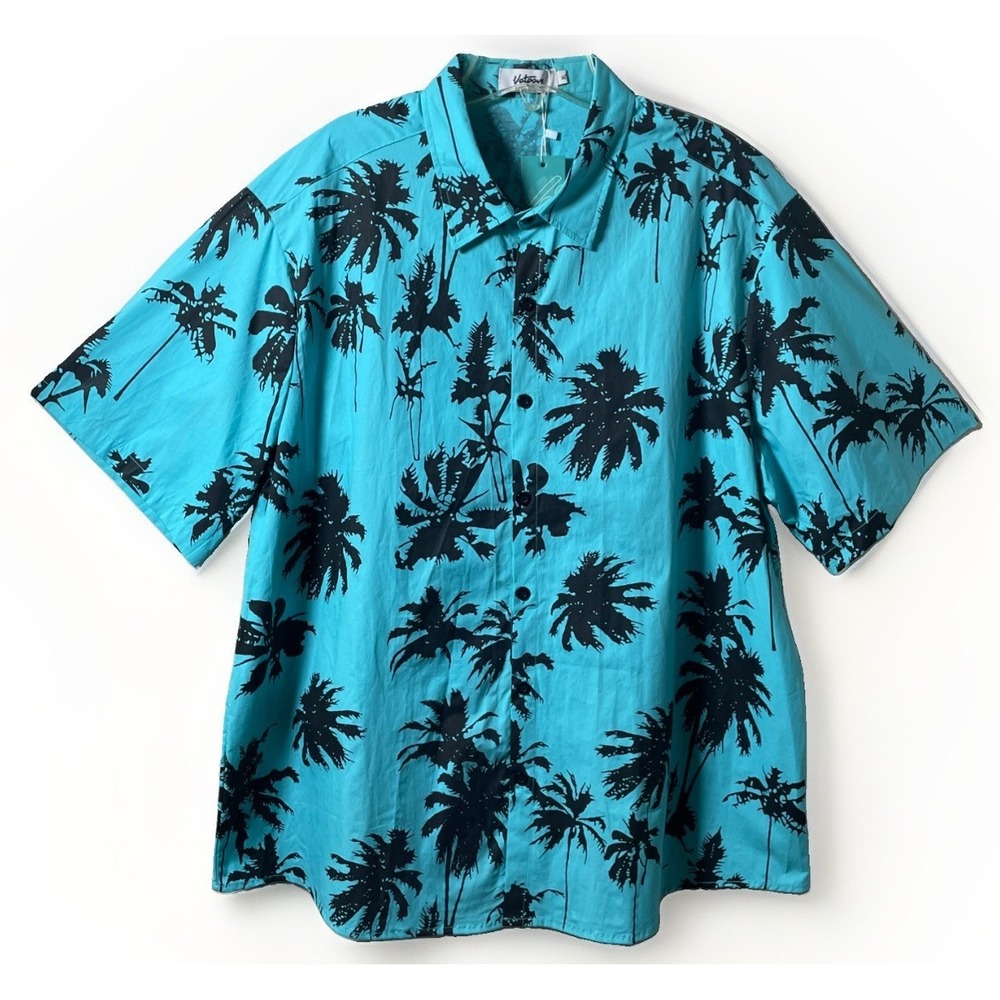 Vatpave Teal Tropical Palm Tree Button Down Hawaiian Shirt Men's XL NWT